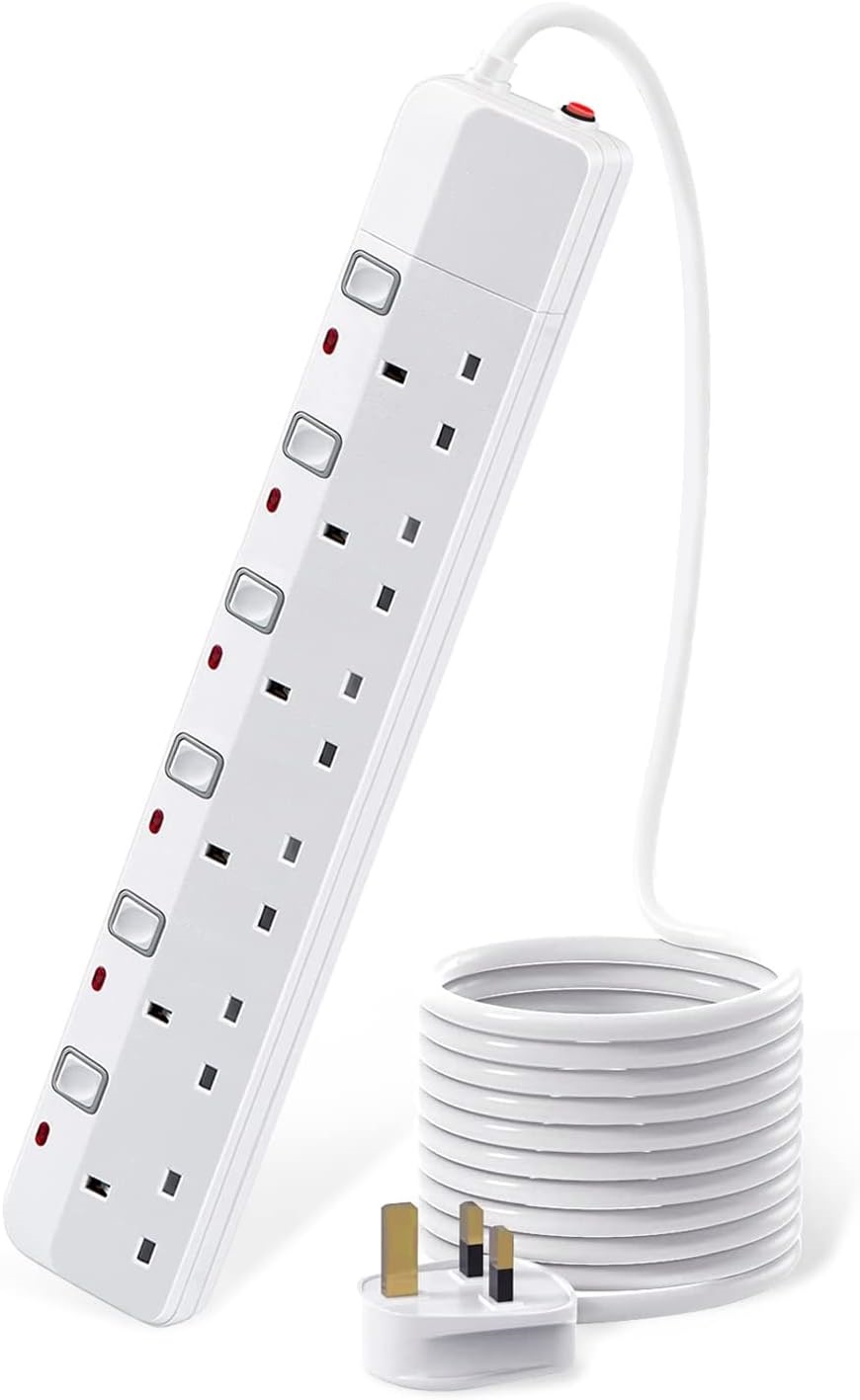 Power Extension UK Plugs - Switch and LED - 6 Way 3m